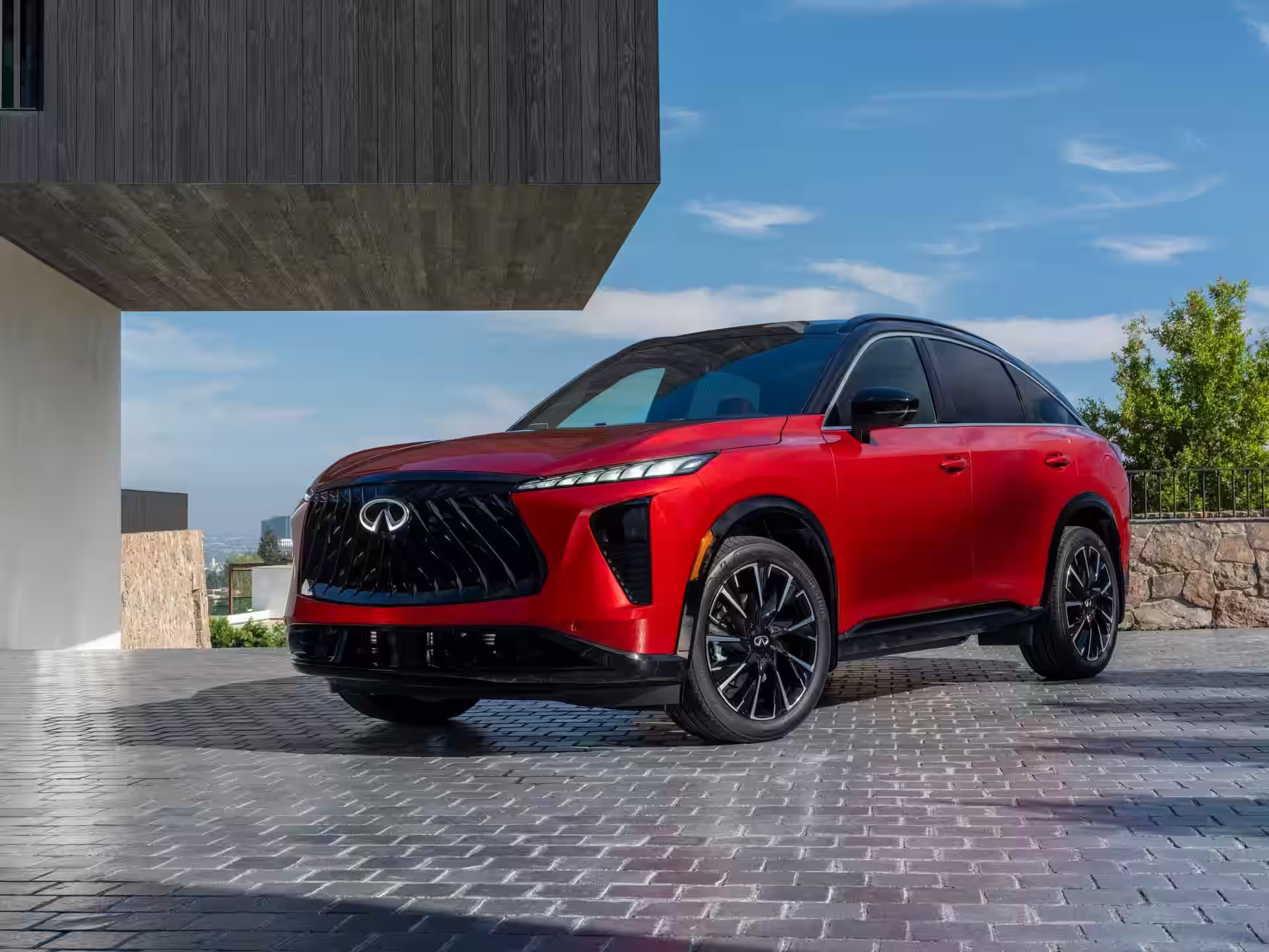 2027 INFINITI QX65 - Vibrant Red Futuristic INFINITI SUV Front Grille