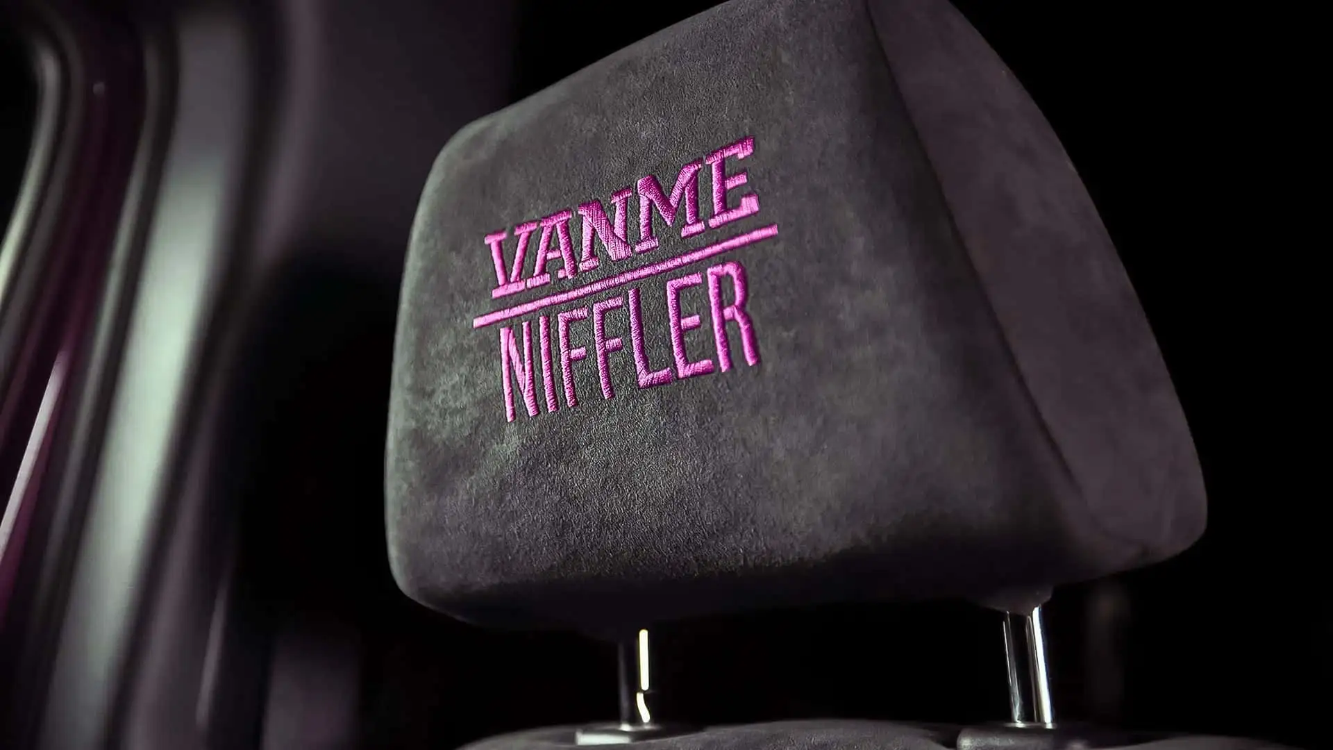 2026 Mercedes Sprinter Vanne Niffler - Black Suede Headrest With Pink VANNME NIFFLER Embroidery