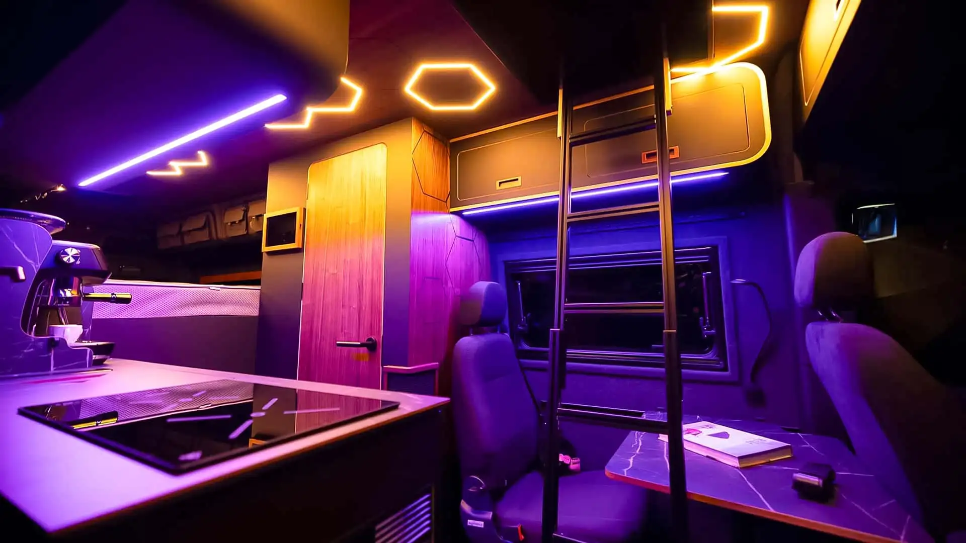 2026 Mercedes Sprinter Vanne Niffler - Futuristic Neon LED Lit Camper Kitchen Interior