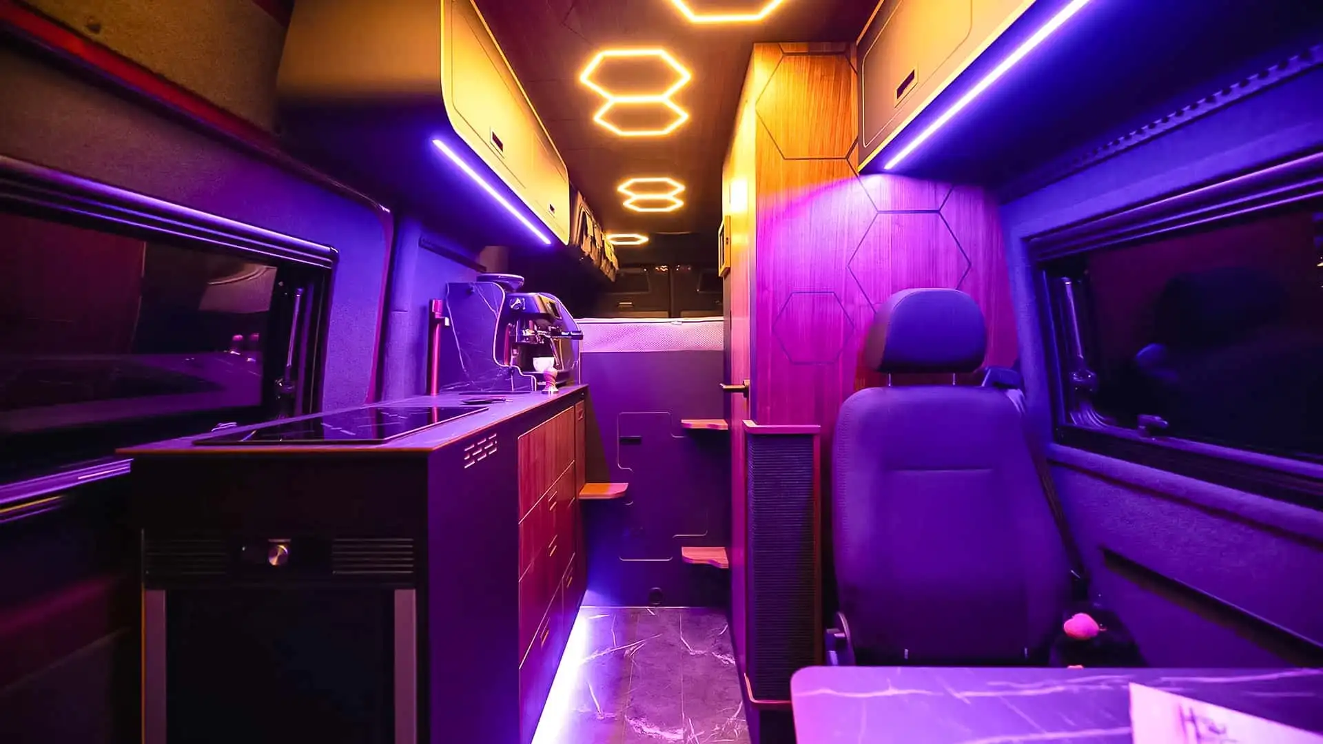 2026 Mercedes Sprinter Vanne Niffler - Luxury Hexagonal Neon Lit Purple Camper Interior