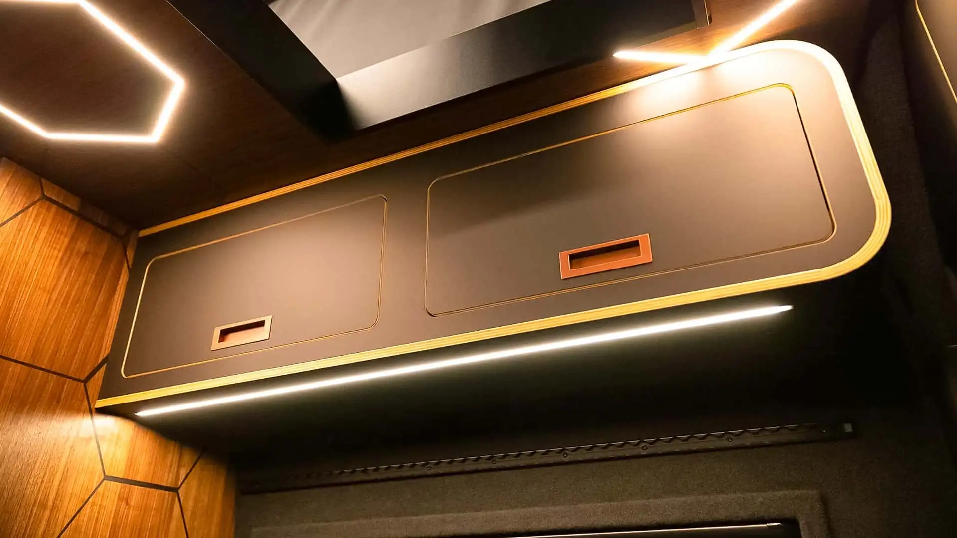 2026 Mercedes Sprinter Vanne Niffler - Matte Bronze Overhead Cabinets With LED Trim