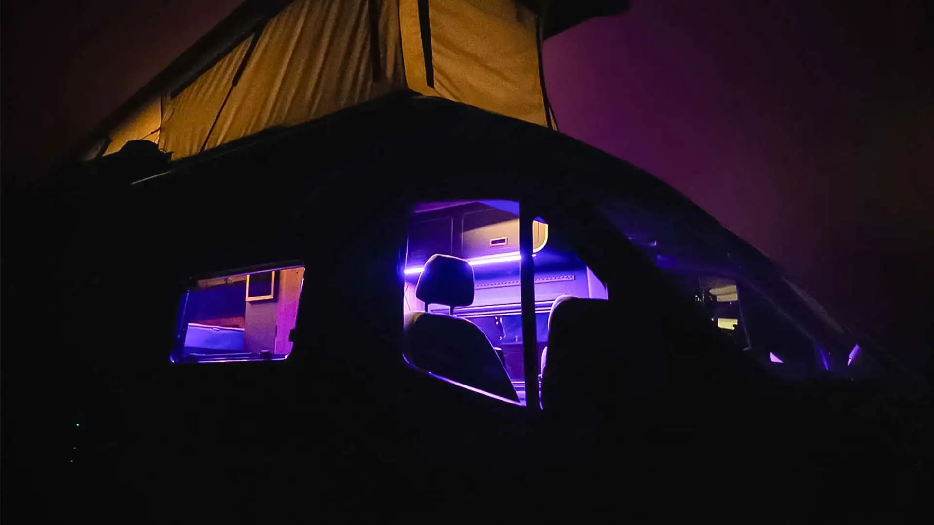 2026 Mercedes Sprinter Vanne Niffler - Purple Ambient Lit Camper Interior With Rooftop Tent