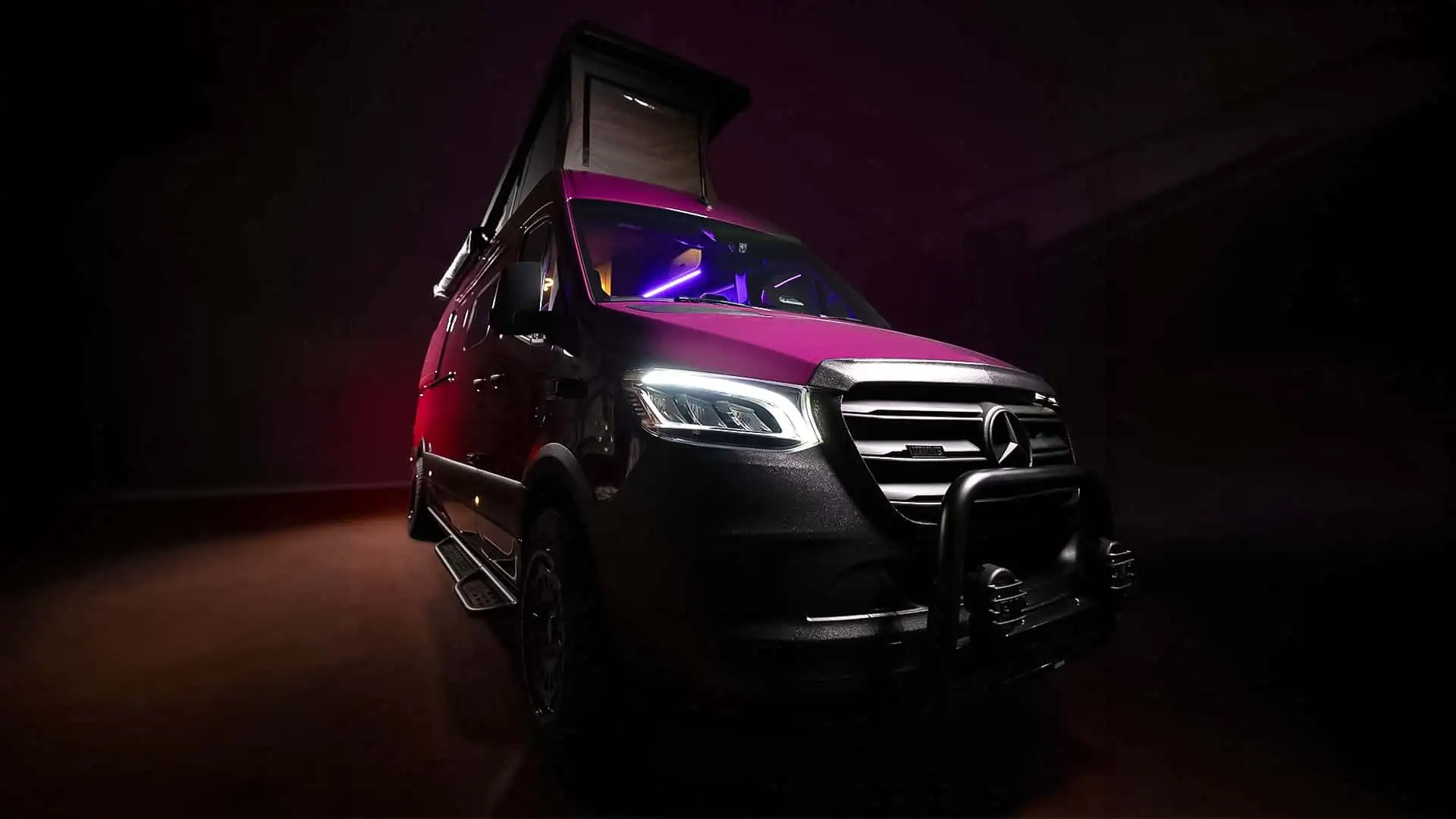 2026 Mercedes Sprinter Vanne Niffler - Purple Mercedes Sprinter Camper Front With LED Headlights And Bull Bar
