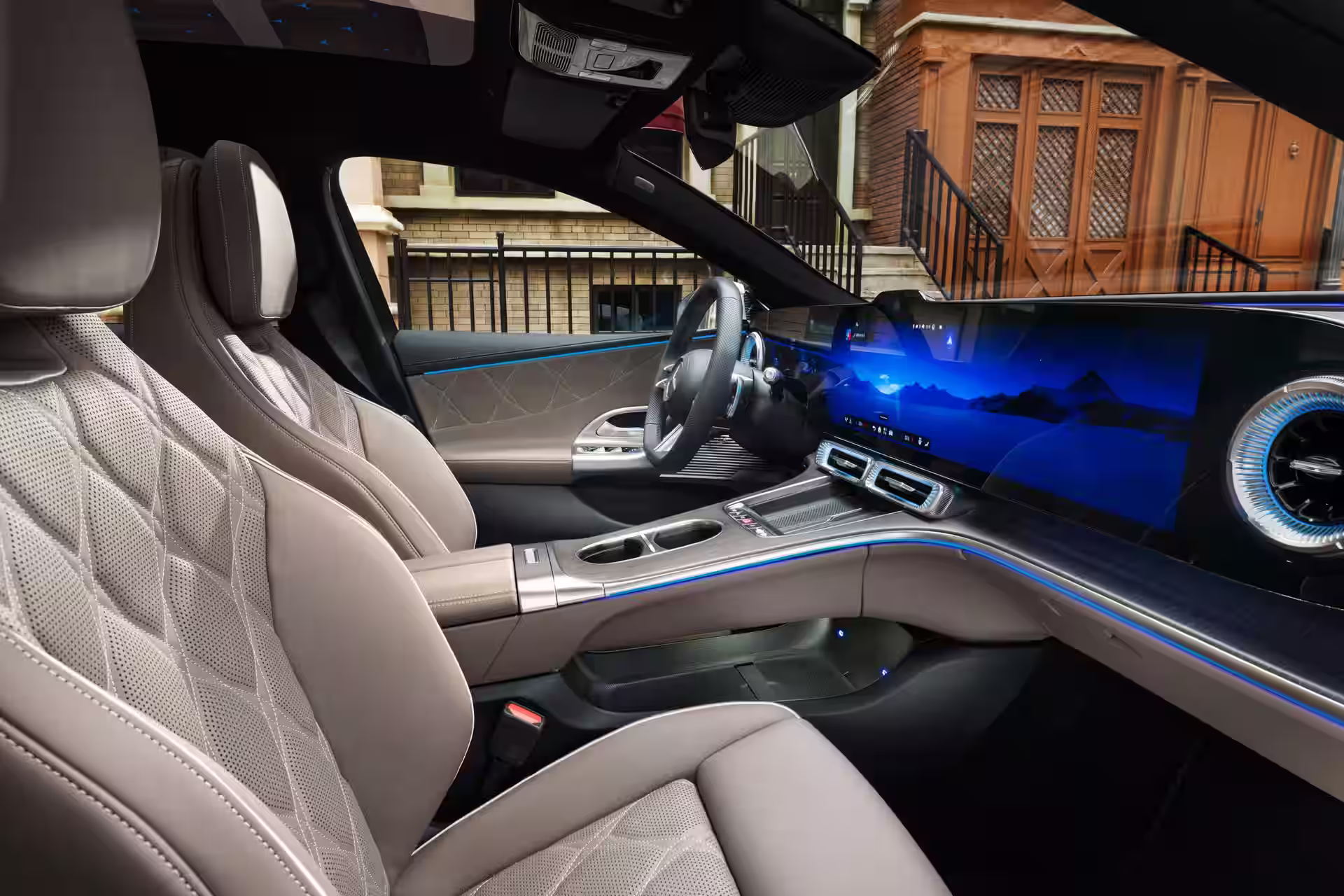 2027 Mercedes Benz C Class EV - Beige Leather Lounge Interior With Blue Ambient Lighting