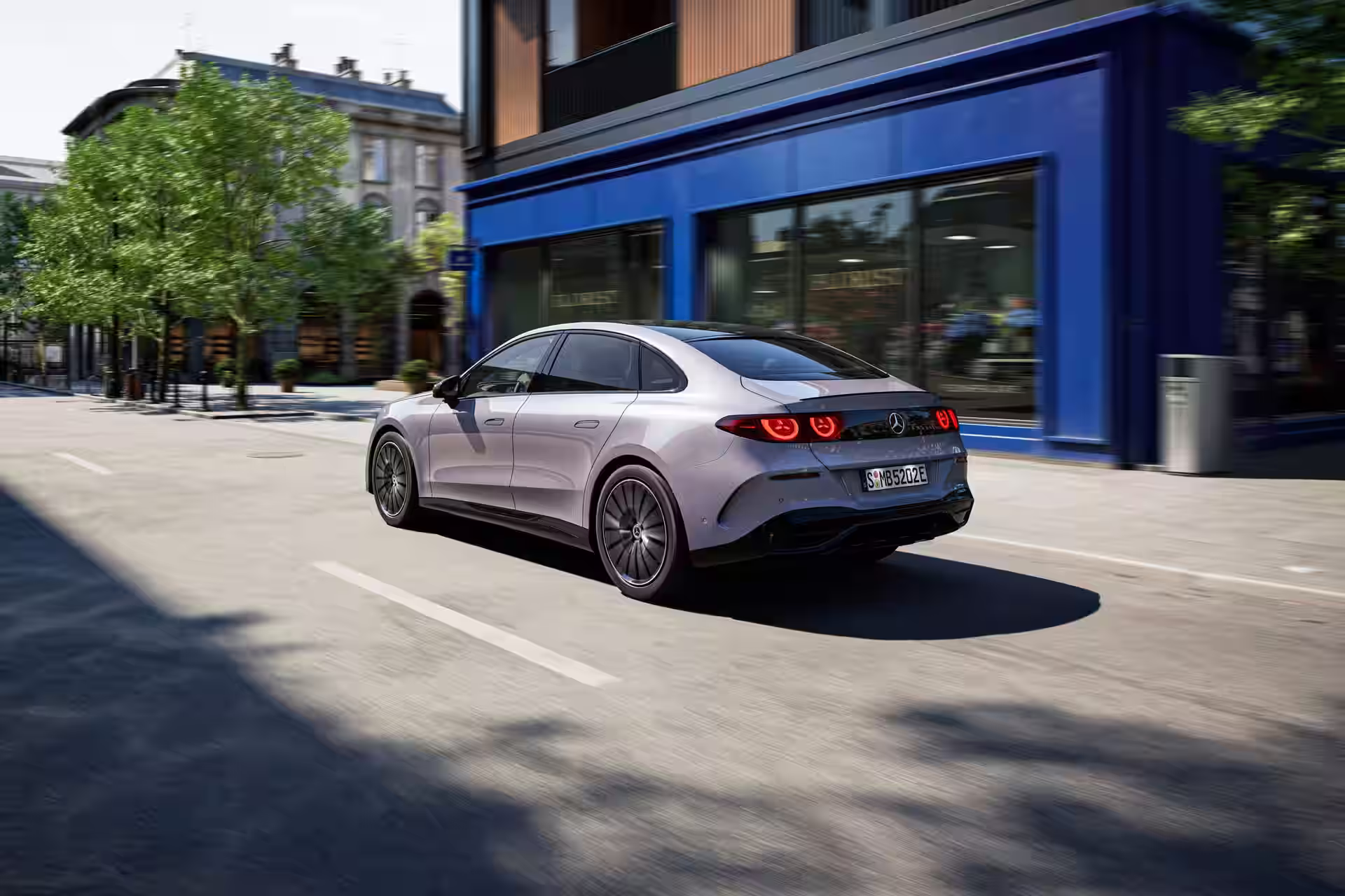2027 Mercedes Benz C Class EV - Silver AMG Style Sedan Rear With LED Tail Lights