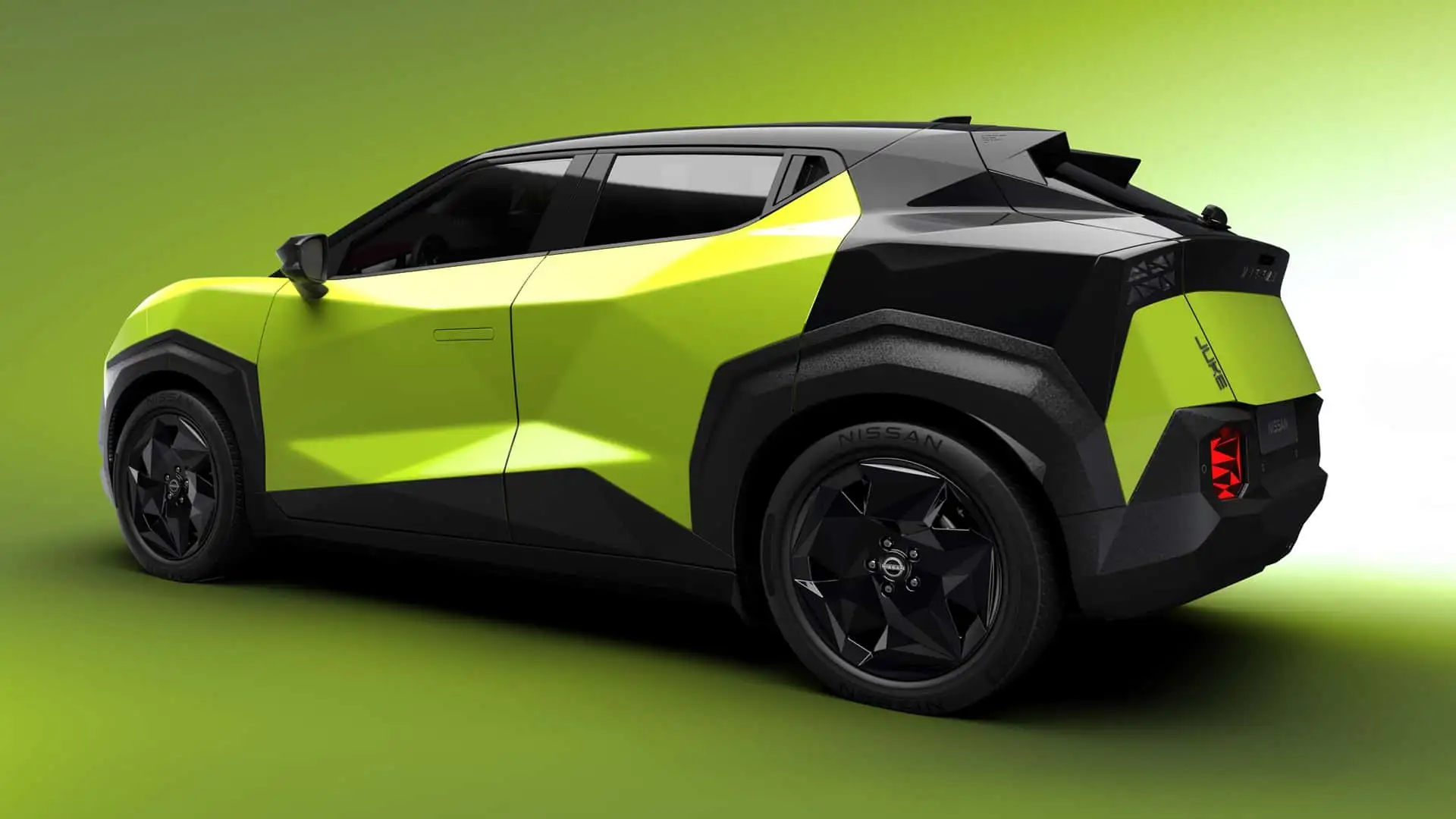 2027 Nissan Juke EV - Lime Green Black Angular SUV Rear Profile