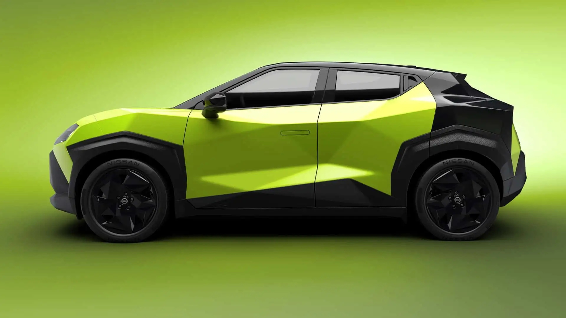 2027 Nissan Juke EV - Vibrant Lime Green Angular SUV Side Black Accents