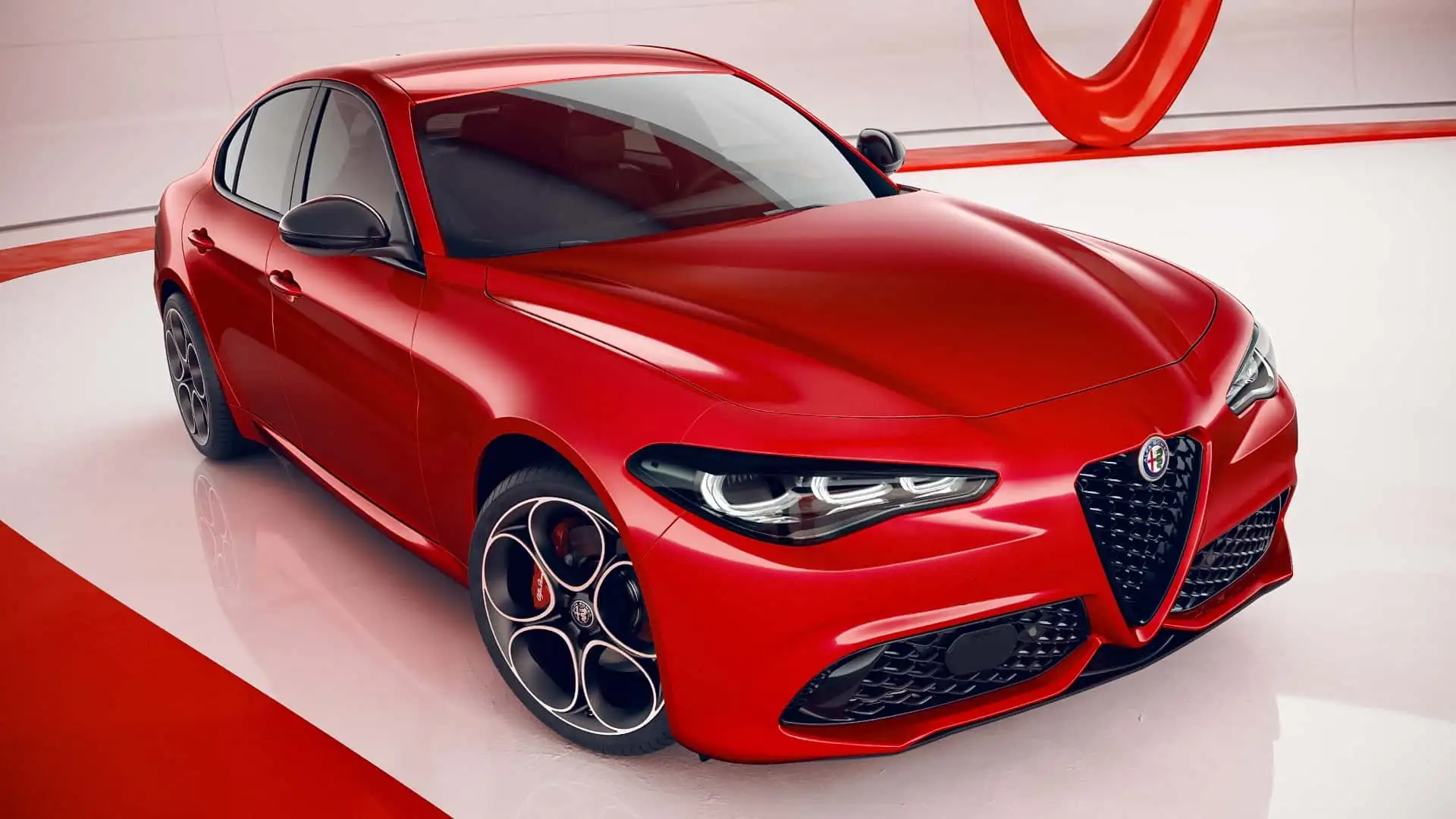 Alfa Romeo Giulia Und Stelvio Kriegen Carbon Performance Paket - Vibrant Red Quadrifoglio Front With Black Wheels