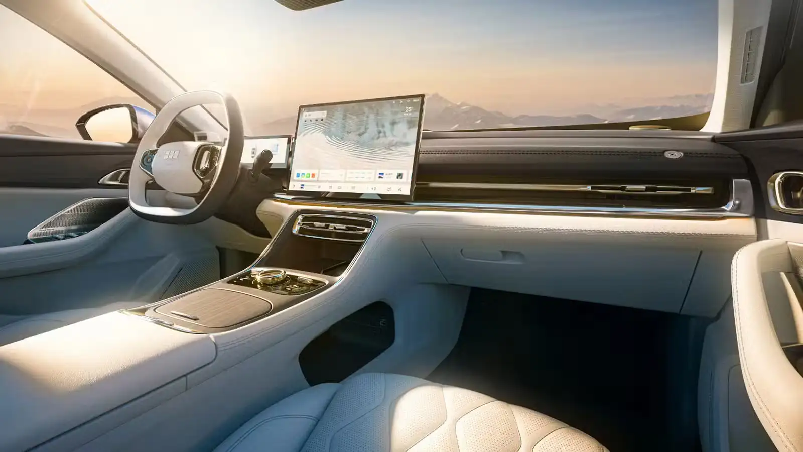 Geely Galaxy A7 EV - Luxurious Cream Leather Cabin With Large Central Screen