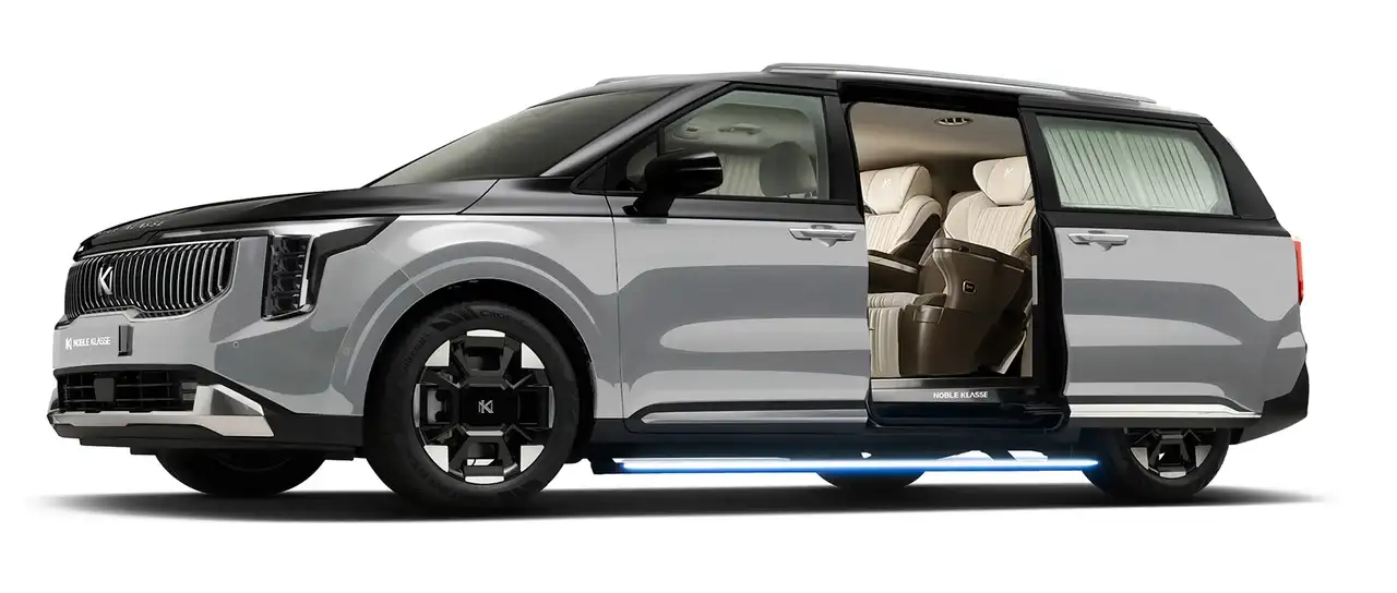 NOBLE KLASSE ST9 - Silver Luxury Minivan Open Door Tan Leather Seats