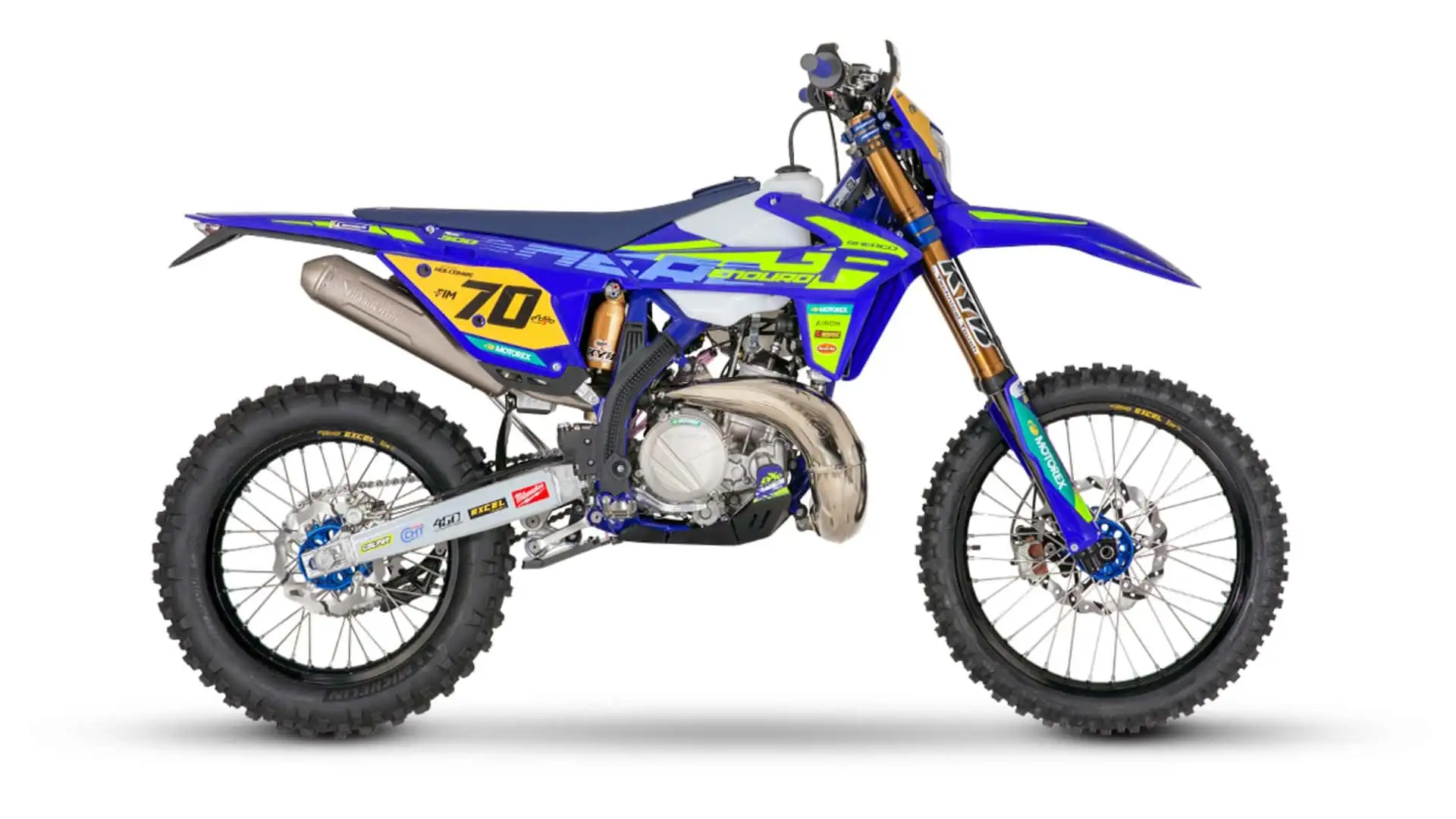 Sherco 300 SE And 300 SEF EnduroGP - Blue, Neon Green Off Road Motorcycle Side View